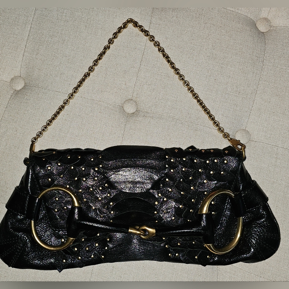 GUCCI Iconic Rare Vintage FW03 Tom Ford Black Studded Scaled Horsebit Bag Clutch